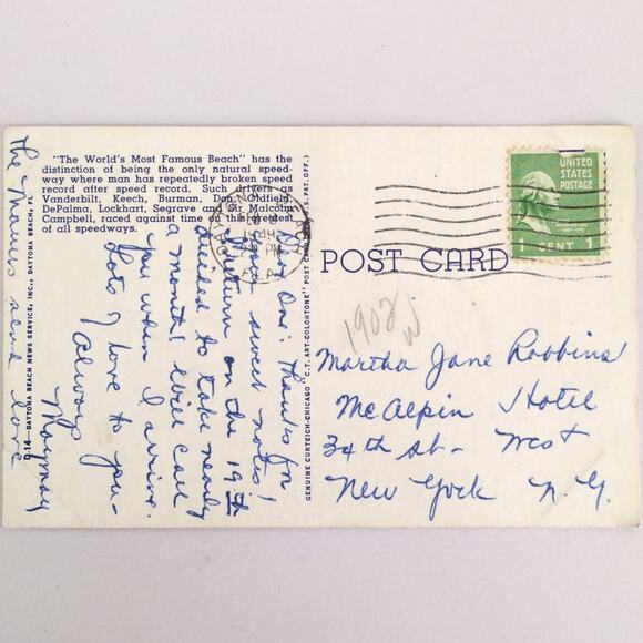 Vintage Daytona Beach Florida Linen Postcard Tracks on the Sand Broadwalk 1949 - Picture 2 of 2